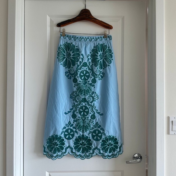 Farm Rio Light Blue And Green Graphic Richelieu Midi Skirt - Picture 6 of 9